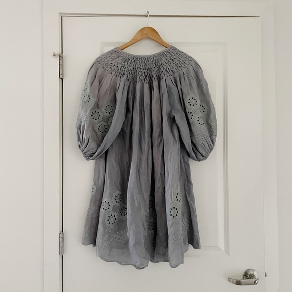 Innika Choo Smocked Floral Embroidered Eyelet Linen Dress - Picture 4 of 10